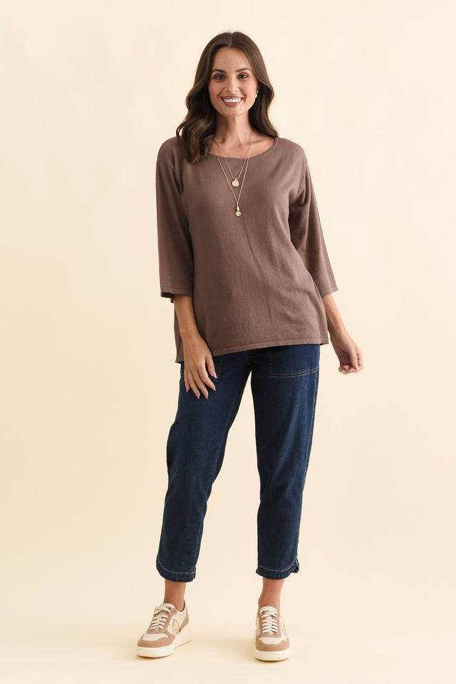 Liberty Chocolate Cotton Knit 3/4 Sleeve Top,Brunette model,alt text|model:MJ image 6