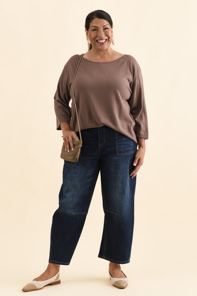 Liberty Chocolate Cotton Knit 3/4 Sleeve Top,Brunette model,alt text|model:Pilita image 8