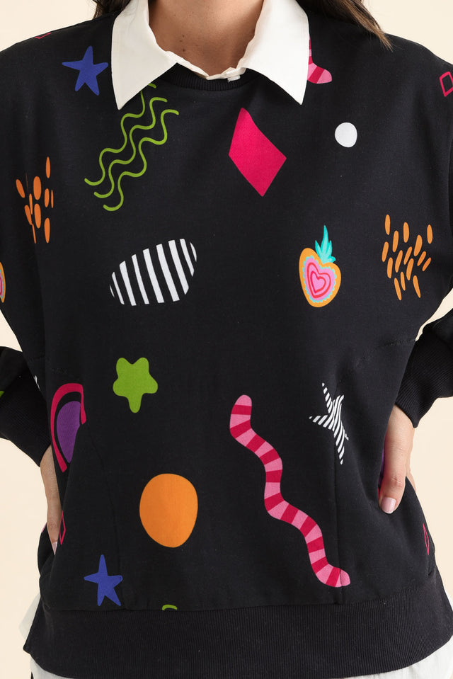 Licorice Galaxy Navy Cotton Sweatshirt,brunette model,Close up of outfit,alt text|model:MJ image 5