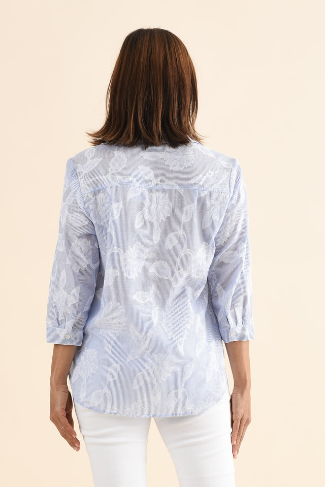 Lilah Blue Garden Cotton 3/4 Sleeved Shirt,Back,Brunette model,alt text|model:Cara image 4