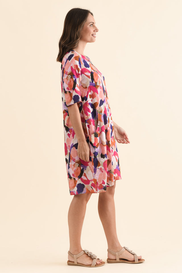 Lilibet Pink Abstract Cotton Pocket Dress,Side,Brunette model,alt text|model:MJ image 3