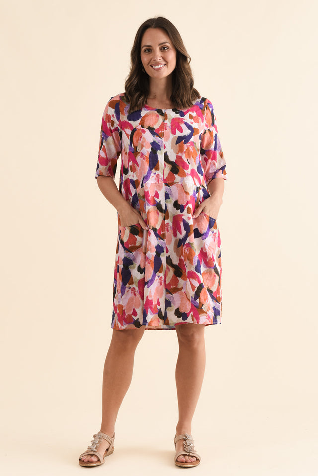 Lilibet Pink Abstract Cotton Pocket Dress,Full Body,Brunette model,alt text|model:MJ image 6
