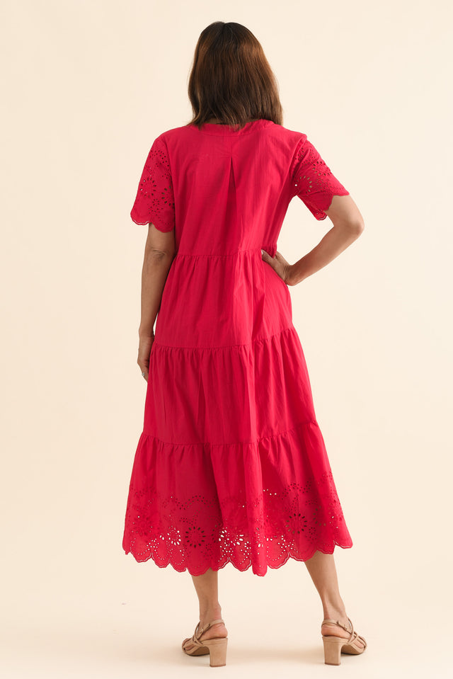 Lilith Red Embroidered Cotton Dress,Back,Brunette model,alt text|model:Cara image 5