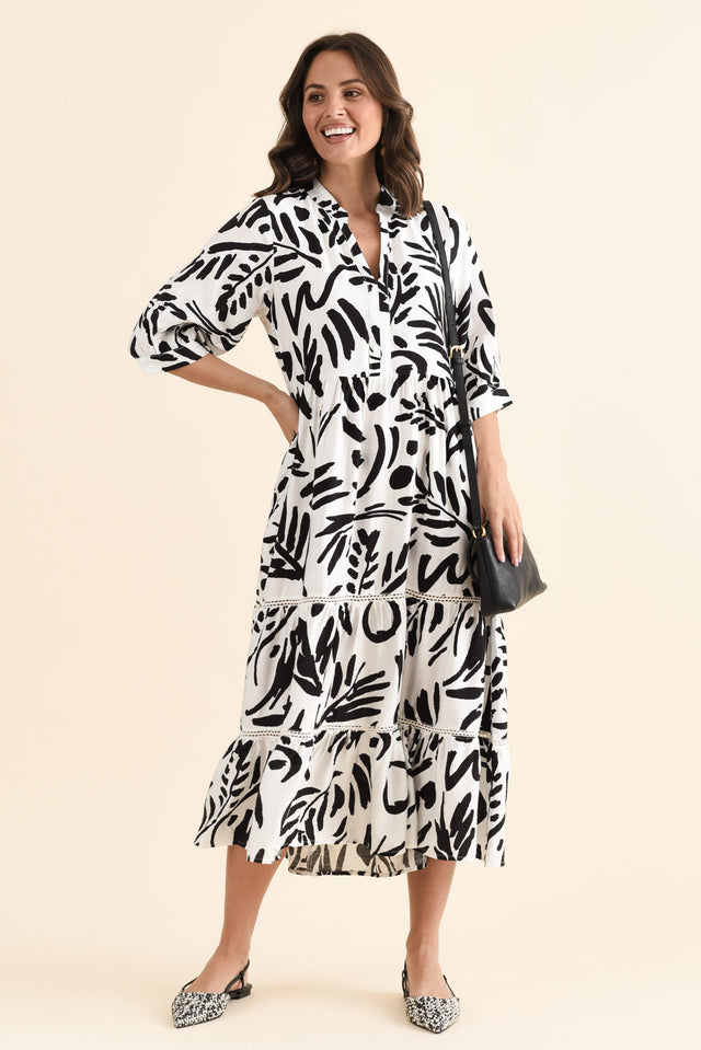 Lillian Black Leaf Tier Dress,brunette model,Front of Outfit,alt text|model:MJ image 1
