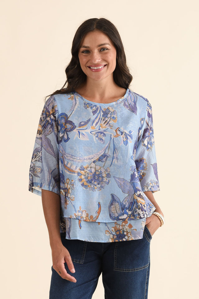Liora Blue Meadow Layered Top,Front,Brunette model,alt text|model:Brontie image 1