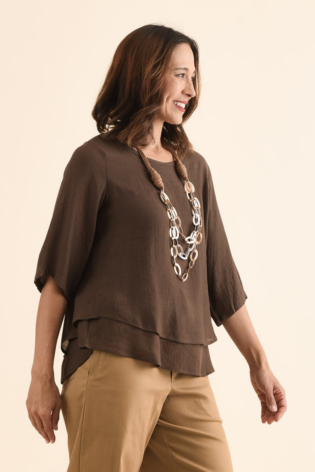 Liora Chocolate Layered Top,Side,Brunette model,alt text|model:Cara image 3