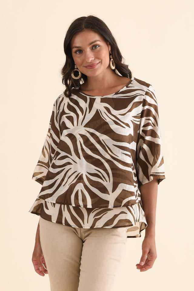 Liora Chocolate Leaf Layered Top,Front,Brunette model,alt text|model:Brontie image 1
