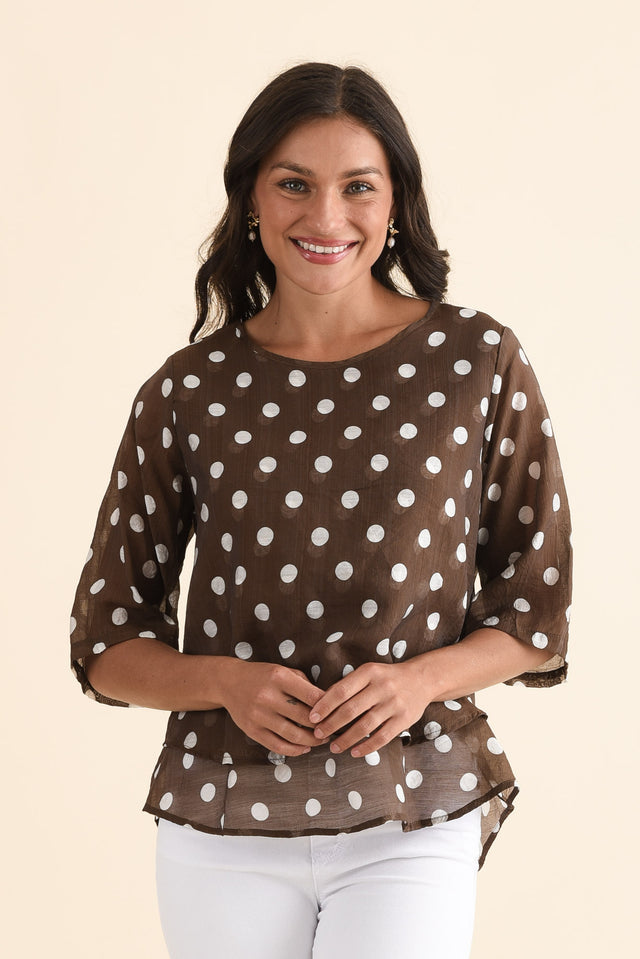 Liora Chocolate Spot Layered Top,Front,Brunette model,alt text|model:Brontie image 1