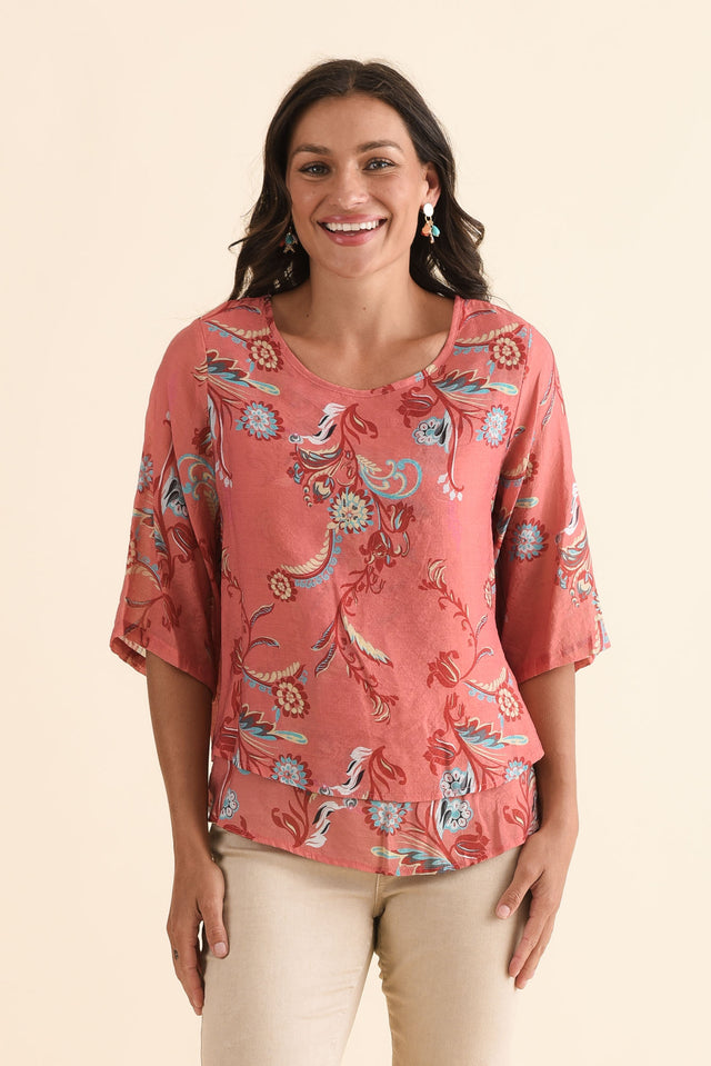 Liora Coral Floral Layered Top,Front,Brunette model,alt text|model:Brontie image 1