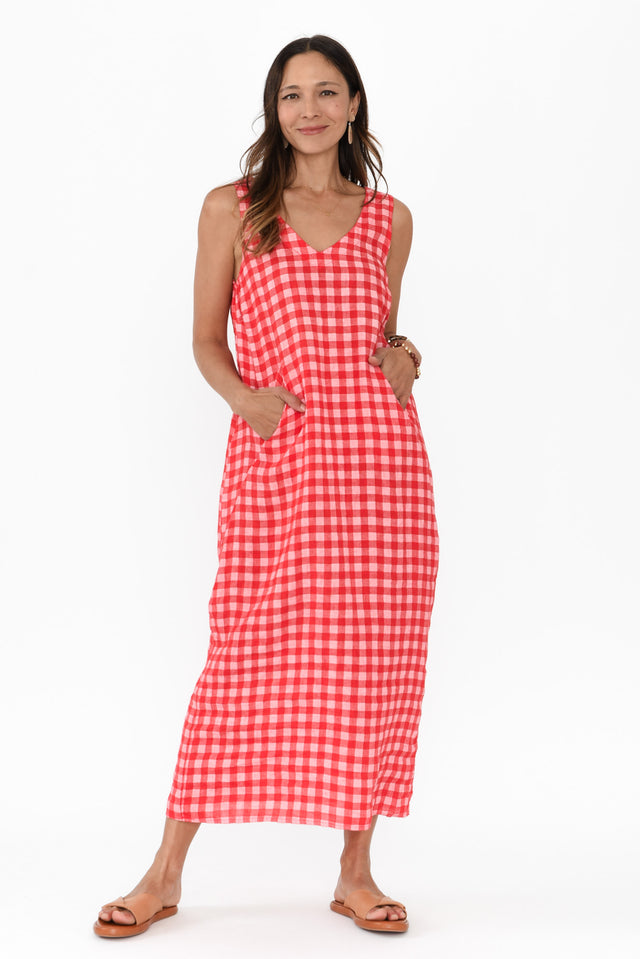 Lisa Red Check Linen Pocket Dress,Brunette model,alt text|model:Cara image 7