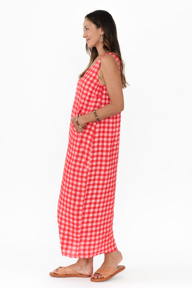 Lisa Red Check Linen Pocket Dress,Brunette model,alt text|model:Cara image 4