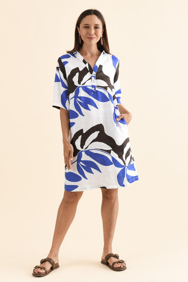 Lisbon Blue Leaf Linen Collared Dress,Front,Brunette model,alt text|model:Cara image 1
