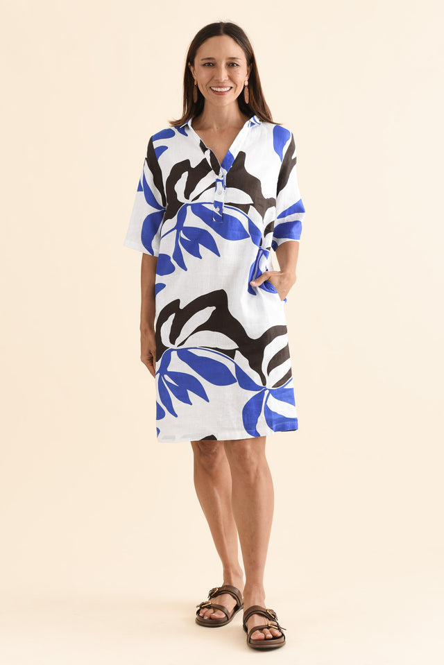 Lisbon Blue Leaf Linen Collared Dress,Full Body,Brunette model,alt text|model:Cara image 2