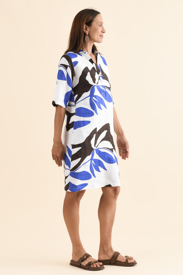 Lisbon Blue Leaf Linen Collared Dress,Side,Brunette model,alt text|model:Cara image 3