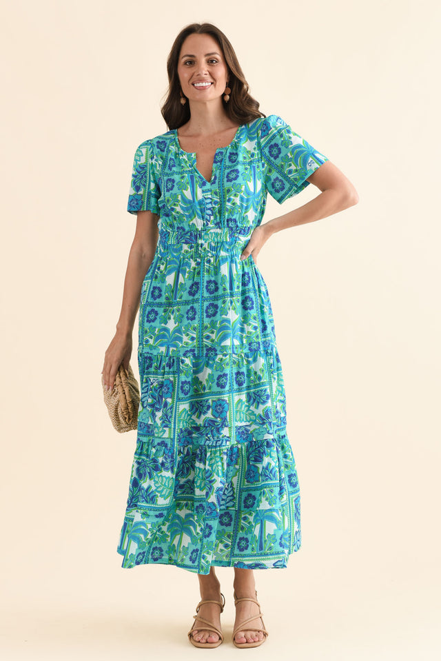 Lixon Aqua Tile Cotton Midi Dress,Front,Brunette model,alt text|model:MJ image 1