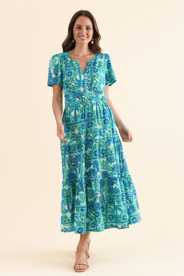 Lixon Aqua Tile Cotton Midi Dress,Full Body,Brunette model,alt text|model:MJ image 6