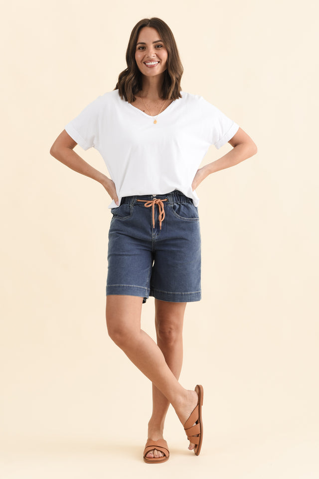 Lizzy Dark Blue Denim Drawstring Shorts,Brunette model,alt text|model:MJ image 8