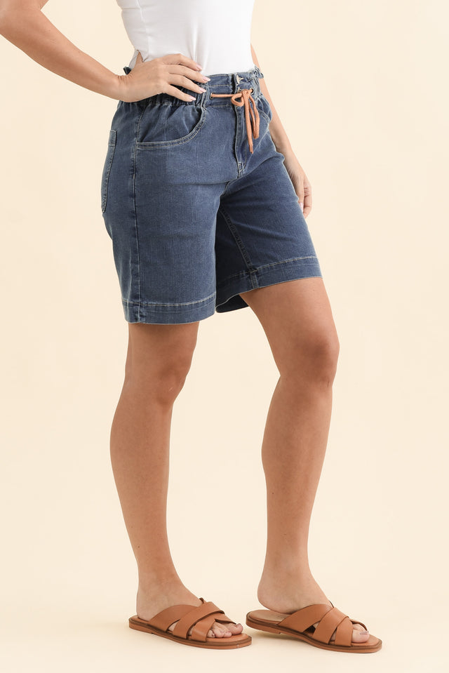 Lizzy Dark Blue Denim Drawstring Shorts,Brunette model,alt text|model:MJ image 4