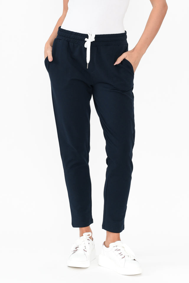 Lobby Navy Cotton Relaxed Pants length_Cropped rise_Mid print_Plain colour_Navy PANTS  alt text|model:MJ;wearing:AU 8 / US 4