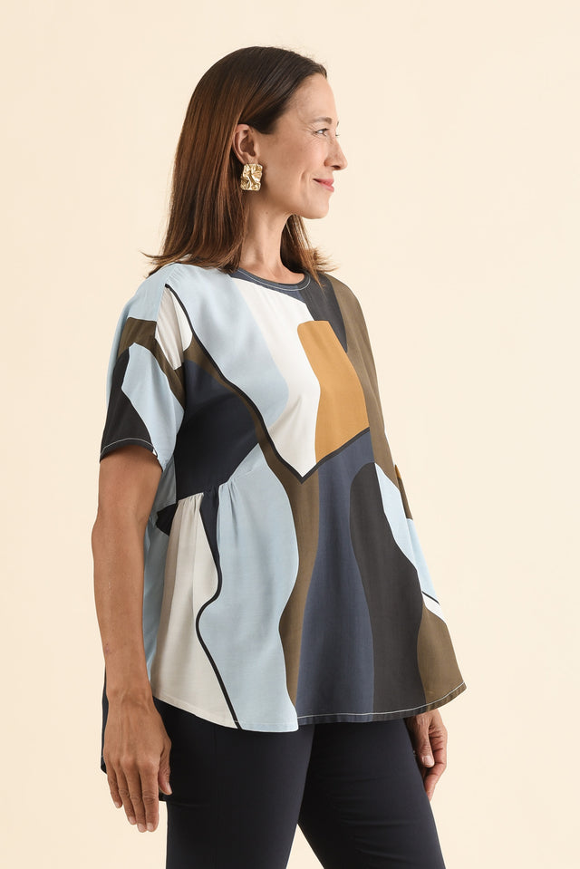 Lockner Navy Abstract Hi Lo Top,Side,Brunette model,alt text|model:Cara image 3