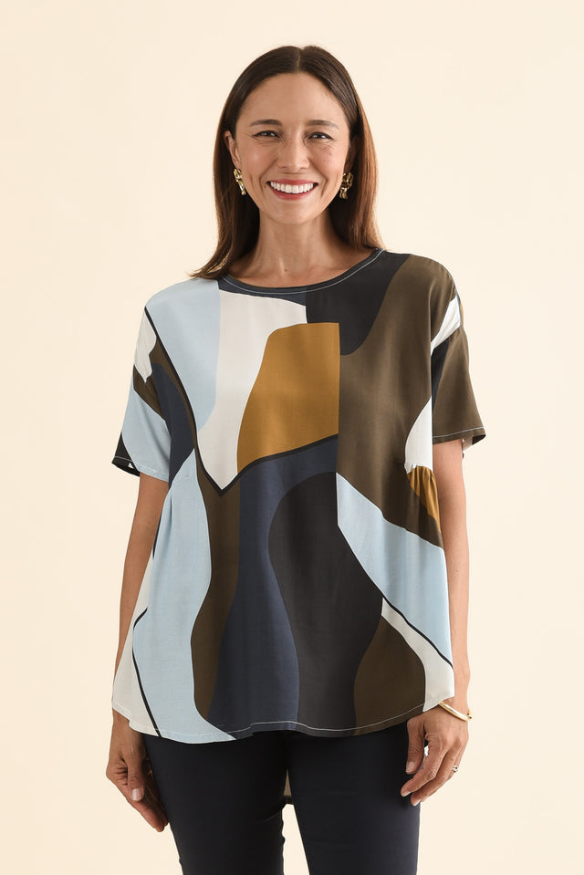 Lockner Navy Abstract Hi Lo Top,Front,Brunette model,alt text|model:Cara image 1