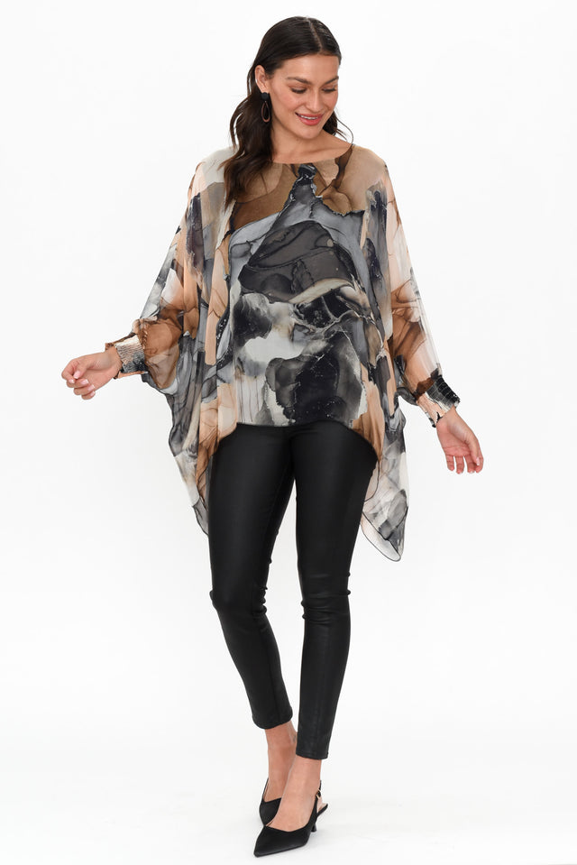 Lonnie Black Abstract Silk Layer Top