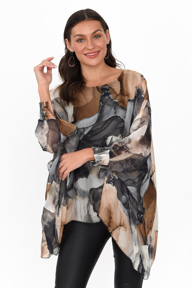 Lonnie Black Abstract Silk Layer Top neckline_Boat print_Abstract sleevetype_Batwing length_Long sleeve_Long TOPS   alt text|model:Brontie;wearing:One Size