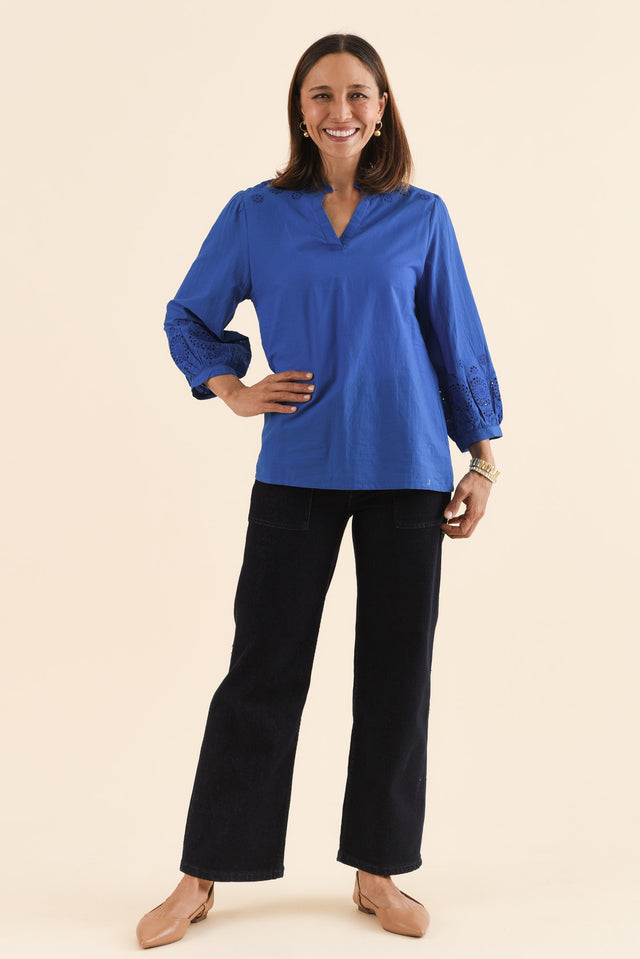 Loretta Cobalt Cotton Embroidered Blouse,Full Body,Brunette model,alt text|model:Cara image 2