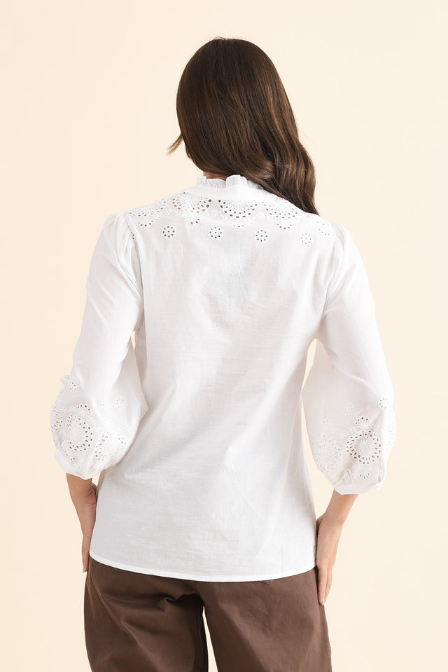 Loretta White Cotton Embroidered Blouse,Back,Brunette model,alt text|model:MJ image 5
