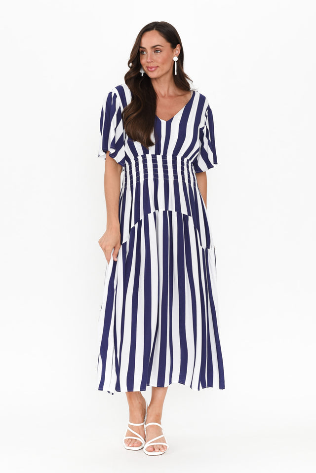 Louisa Blue Stripe Shirred Dress banner image