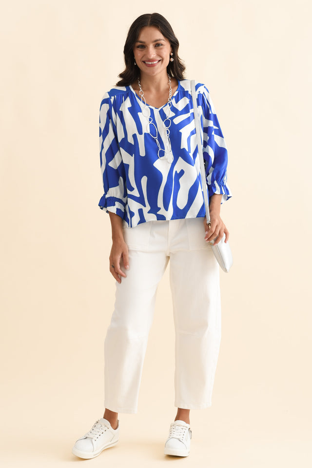 Lourdes Blue Geo Frill Sleeve Top,Brunette model,alt text|model:Brontie image 3