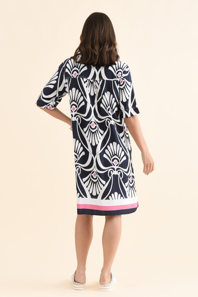 Lovella Navy Abstract V Neck Dress,Back,Brunette model,alt text|model:MJ image 4