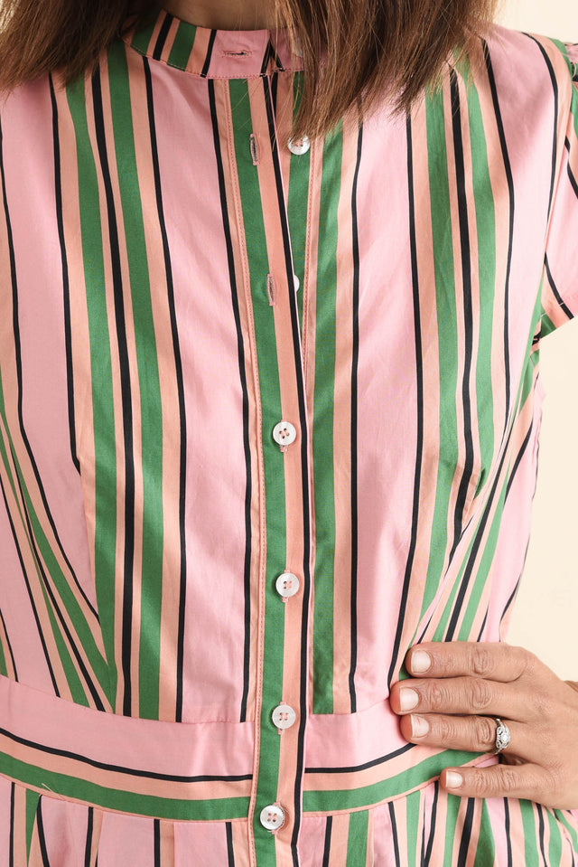 Luanne Green Stripe Cotton Button Dress,Detail,Brunette model,alt text|model:Cara image 5