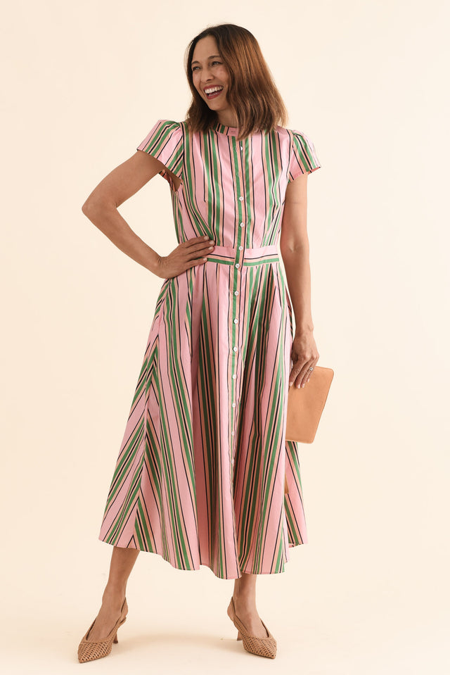 Luanne Green Stripe Cotton Button Dress,Front,Brunette model,alt text|model:Cara image 1