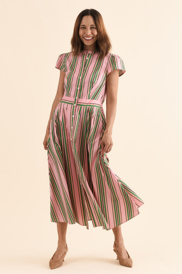 Luanne Green Stripe Cotton Button Dress,Full Body,Brunette model,alt text|model:Cara image 6