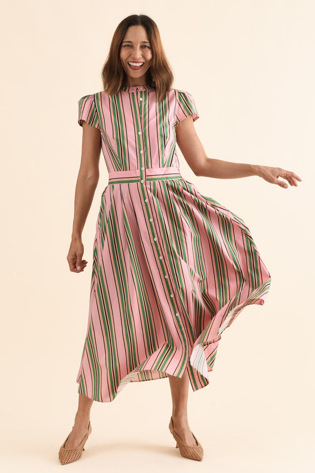 Luanne Green Stripe Cotton Button Dress,Full Body,Brunette model,alt text|model:Cara image 2