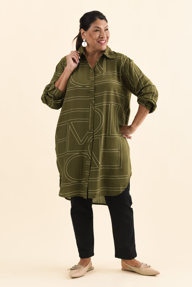 Luke Khaki Abstract Collared Tunic,Brunette model,alt text|model:Pilita image 9