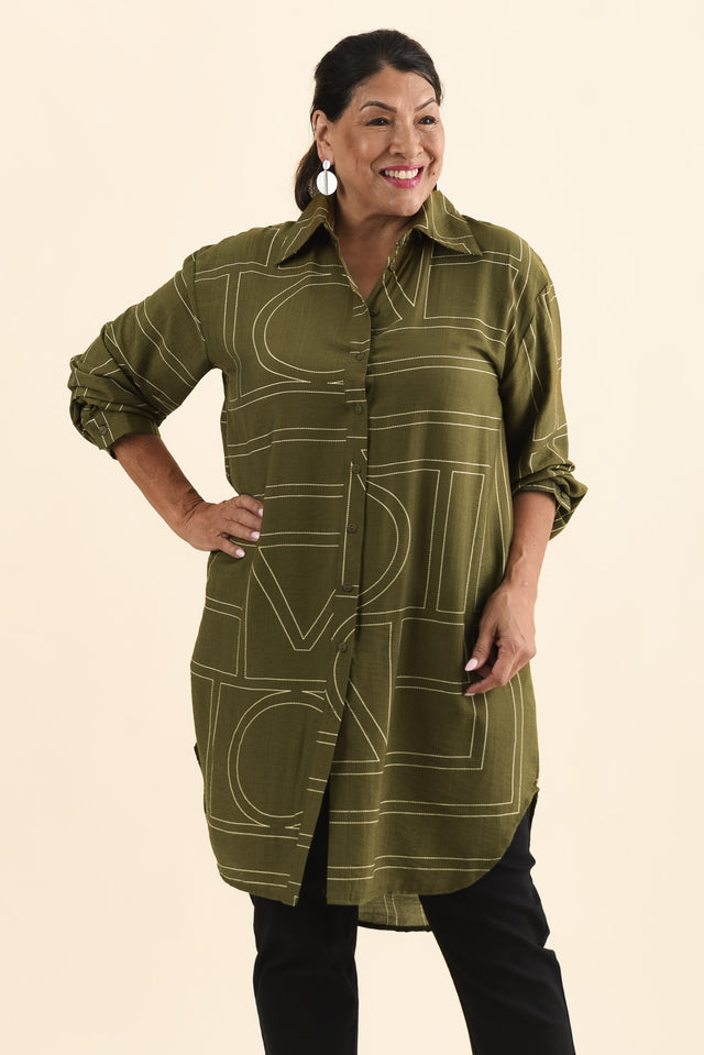Luke Khaki Abstract Collared Tunic,Brunette model,alt text|model:Pilita image 8