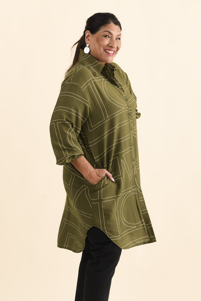 Luke Khaki Abstract Collared Tunic,Brunette model,alt text|model:Pilita image 10