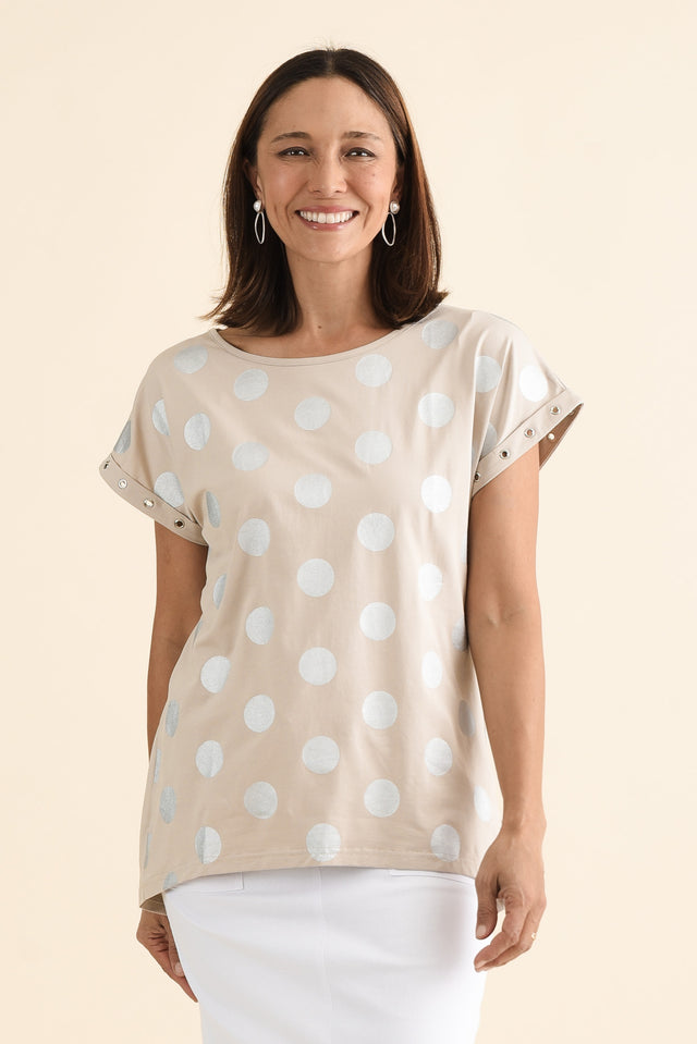 Lumi Natural Foil Spot Cotton Tee,Front,Brunette model,alt text|model:Cara