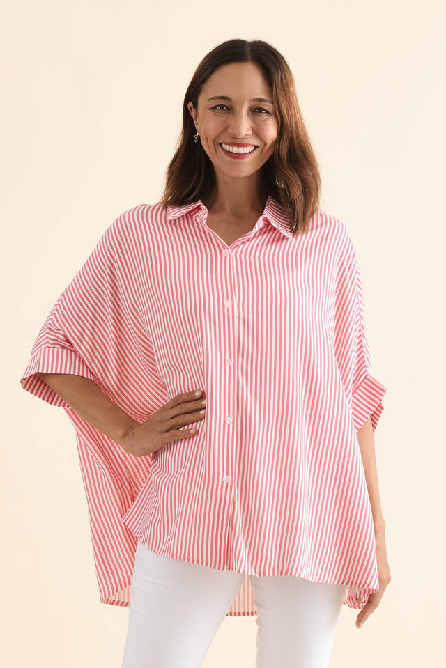 Luna Melon Stripe Button Shirt,Front,Brunette model,alt text|model:Cara image 1
