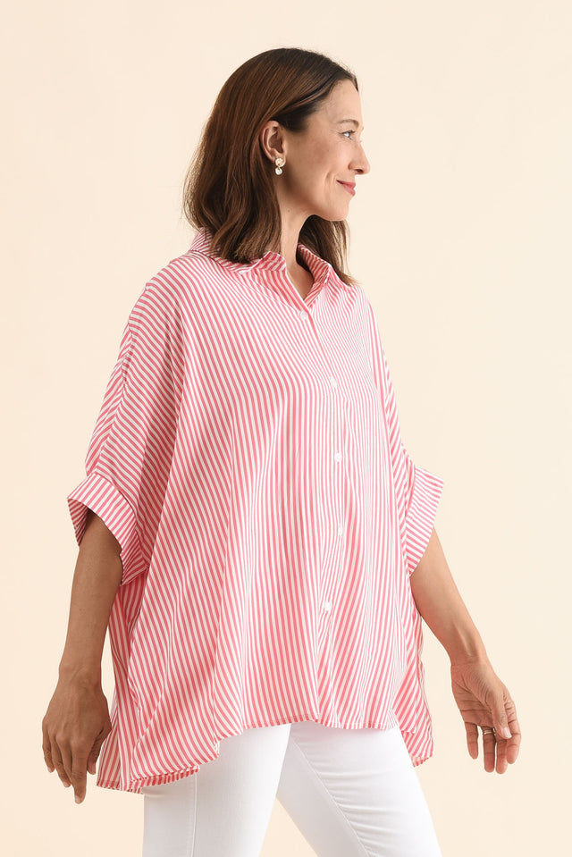 Luna Melon Stripe Button Shirt,Side,Brunette model,alt text|model:Cara image 3
