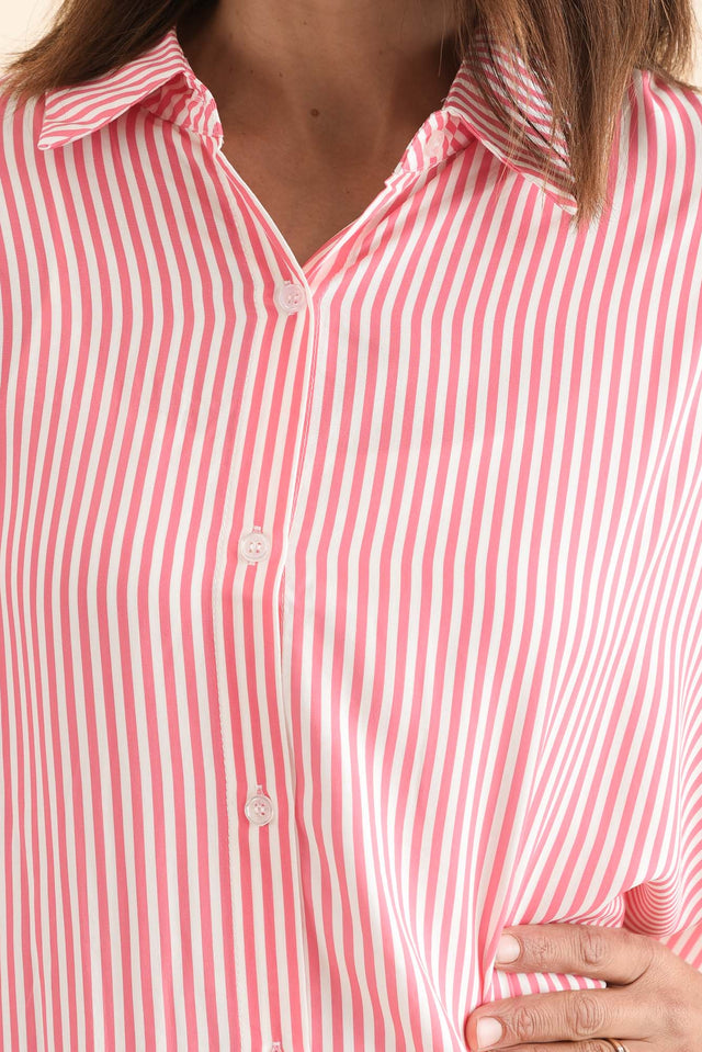 Luna Melon Stripe Button Shirt,Detail,Brunette model,alt text|model:Cara image 5