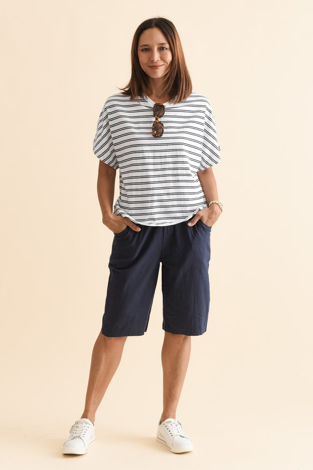 Luna Navy Stripe Cotton Tee,Full Body,Brunette model,alt text|model:Cara image 2