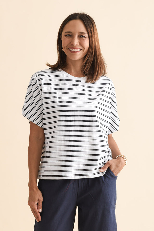 Luna Navy Stripe Cotton Tee,Front,Brunette model,alt text|model:Cara image 1