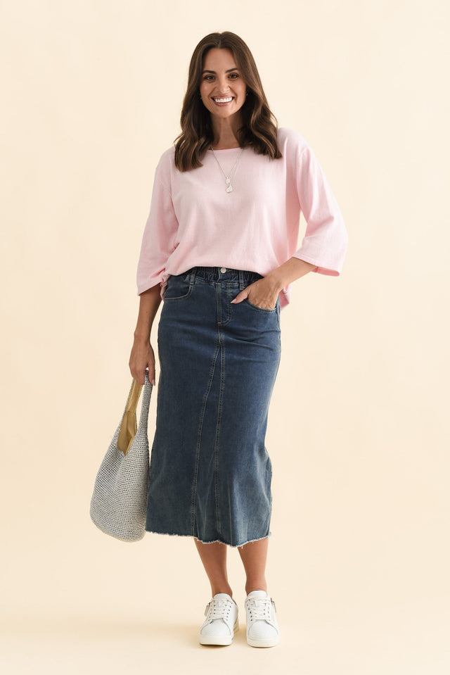 Lusia Dark Blue Denim Tie Skirt,Brunette model,alt text|model:MJ image 4
