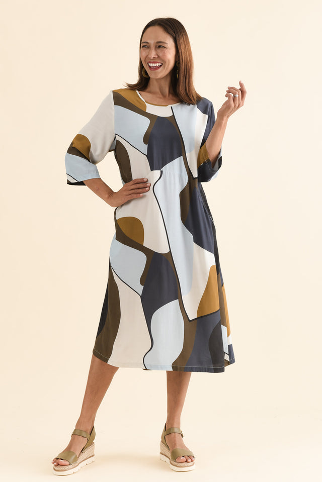 Lydia Navy Abstract Crescent Pocket Dress,Full Body,Brunette model,alt text|model:Cara image 6