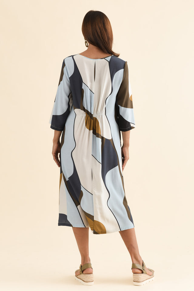 Lydia Navy Abstract Crescent Pocket Dress,Back,Brunette model,alt text|model:Cara image 4