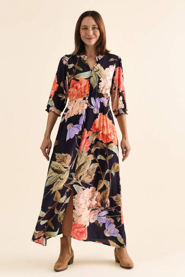 Lyria Navy Floral Tie Dress,brunette model,Full Outfit,alt text|model:Cara image 6