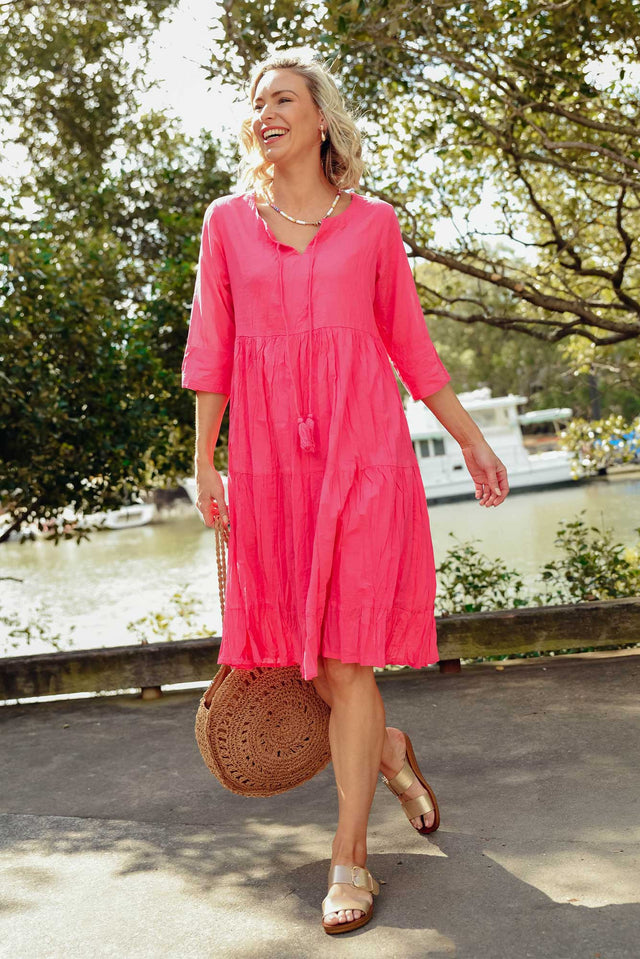 Milana Hot Pink Crinkle Cotton Dress thumbnail 1